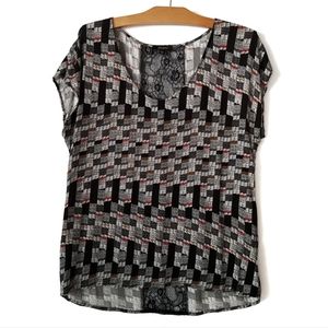 Ella Moss Lace Back Dolman Sleeve Top Geometric Print